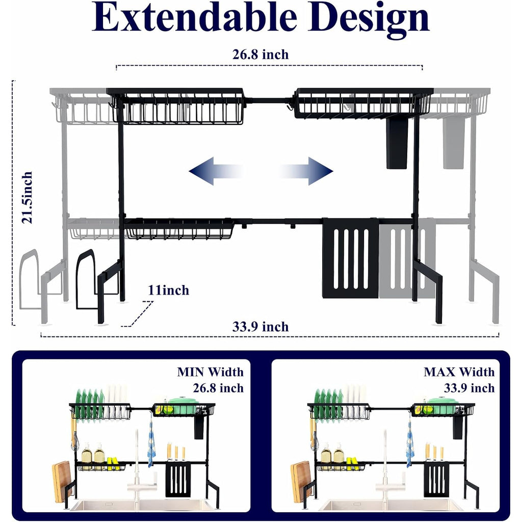 Kitsure Over The Sink Dish Drying Rack - 26.8" To 33.9"X21.5", Adjustable Sink Drying Rack For Kitchen Sink With Large Capacity, 2-Tier Dish Rack Over Sink With Multifunctional Baskets, Black
