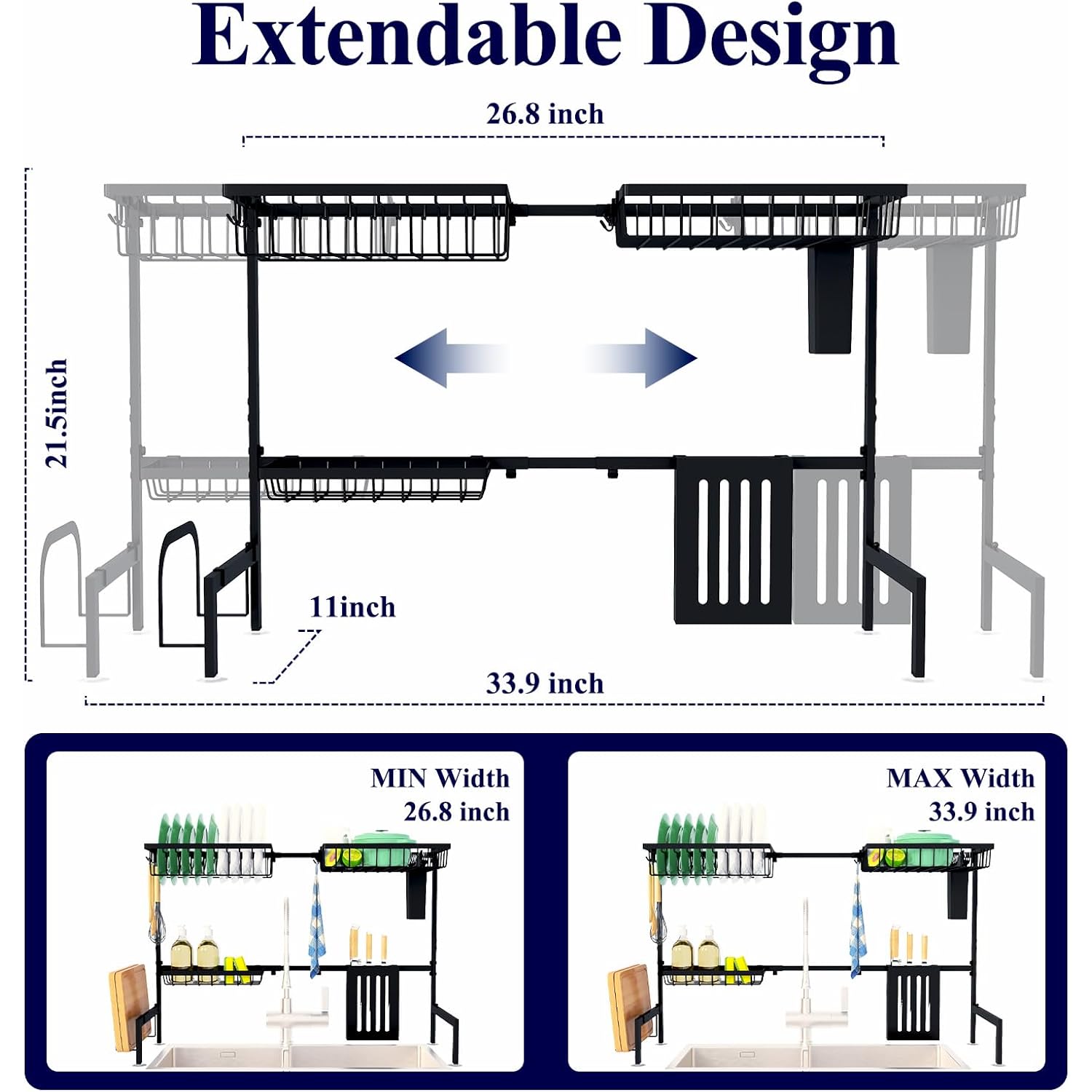 Kitsure Over The Sink Dish Drying Rack - 26.8" To 33.9"X21.5", Adjustable Sink Drying Rack For Kitchen Sink With Large Capacity, 2-Tier Dish Rack Over Sink With Multifunctional Baskets, Black