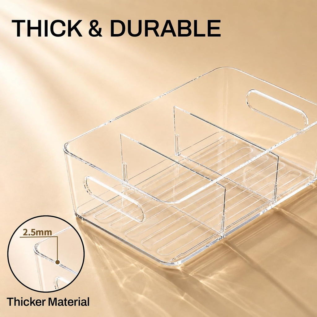 6 Pack Pantry Organizers And Storage,Clear Plastic Containers With 2 Dividers For Kitchen,Fridge Organization And Storage,Acrylic Bins For Pounches,Spice Packet,Snack Organzier