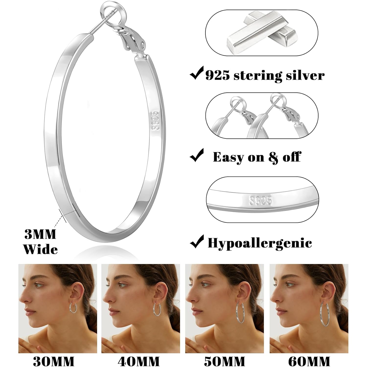 S925 Sterling Silver Post Hoop Earrings for Women Large Lightweight Silver Hoop Earrings 3mm Wide Thin Big Hoop Earrings for Women 30/40/50/60mm