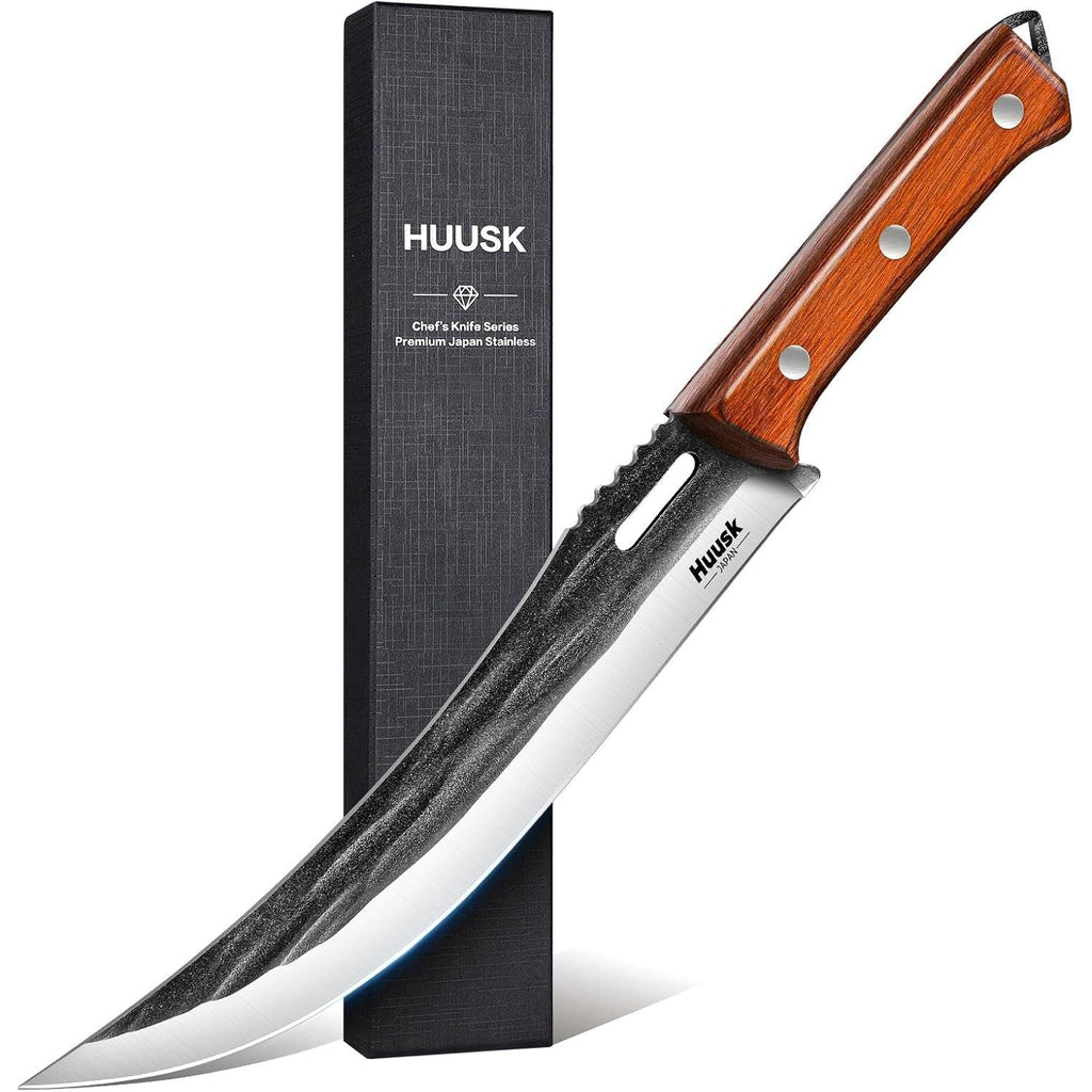 Huusk Hand Forged Carving Knife - Japanese Razor Sharp Butcher Knives For Meat Cutting, Curved Brisket Slicing Knife With Ergonomic Full Tang Handle, Gift For Men And Women