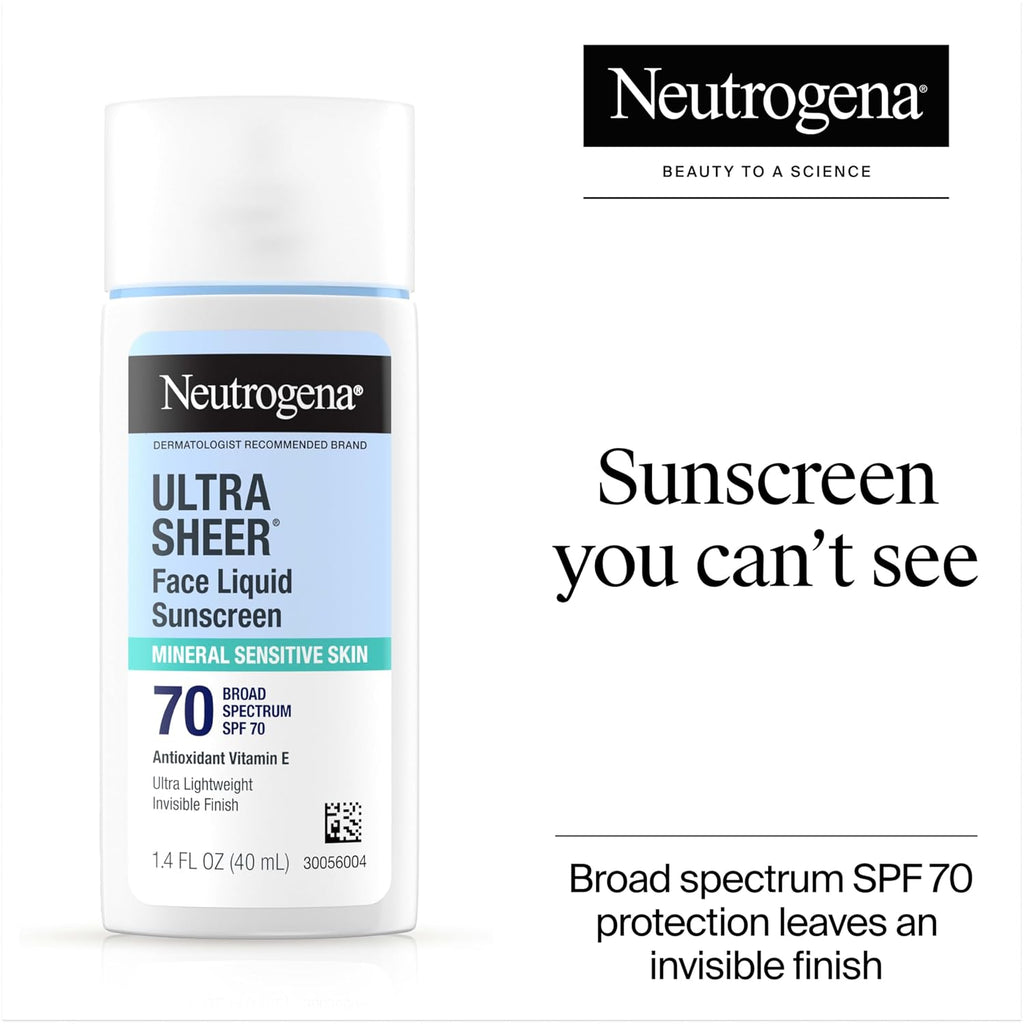 Neutrogena Ultra Sheer Liquid Mineral Sunscreen For Face, Lightweight, Broad Spectrum Spf 70 Facial Sunscreen For Sensitive Skin Leaves A Silky, Non-Greasy Finish, Oxybenzone-Free Sun Care, 1.4 Fl. Oz