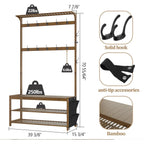 AMBIRD Hall Tree with bench and shoe storage, Entryway Bench with shoe storage, 6-in-1 Coat Rack with Cloth Bag and14 Coat Hooks, Sturdy Bamboo Frame, Large Size, Brown 39 * 15 * 70 Inches