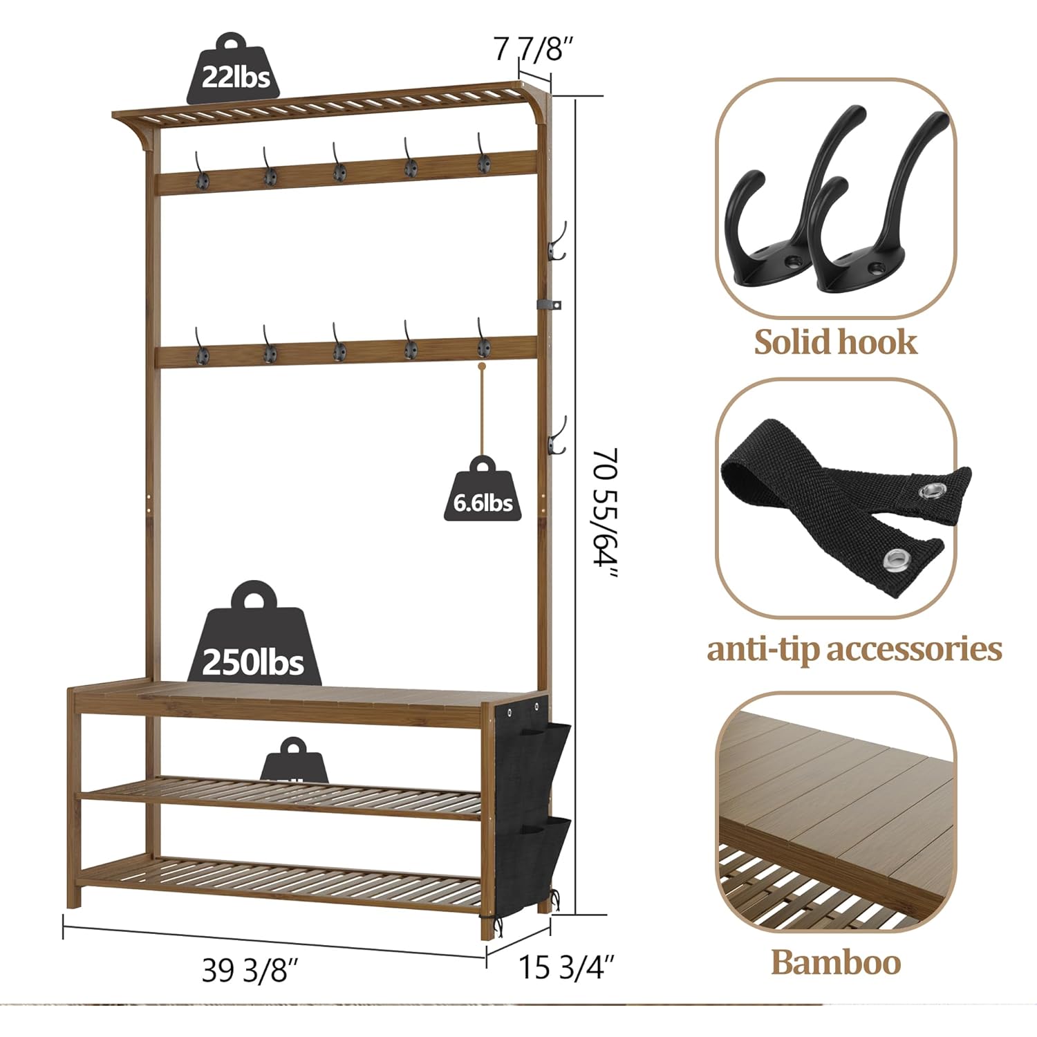 AMBIRD Hall Tree with bench and shoe storage, Entryway Bench with shoe storage, 6-in-1 Coat Rack with Cloth Bag and14 Coat Hooks, Sturdy Bamboo Frame, Large Size, Brown 39 * 15 * 70 Inches