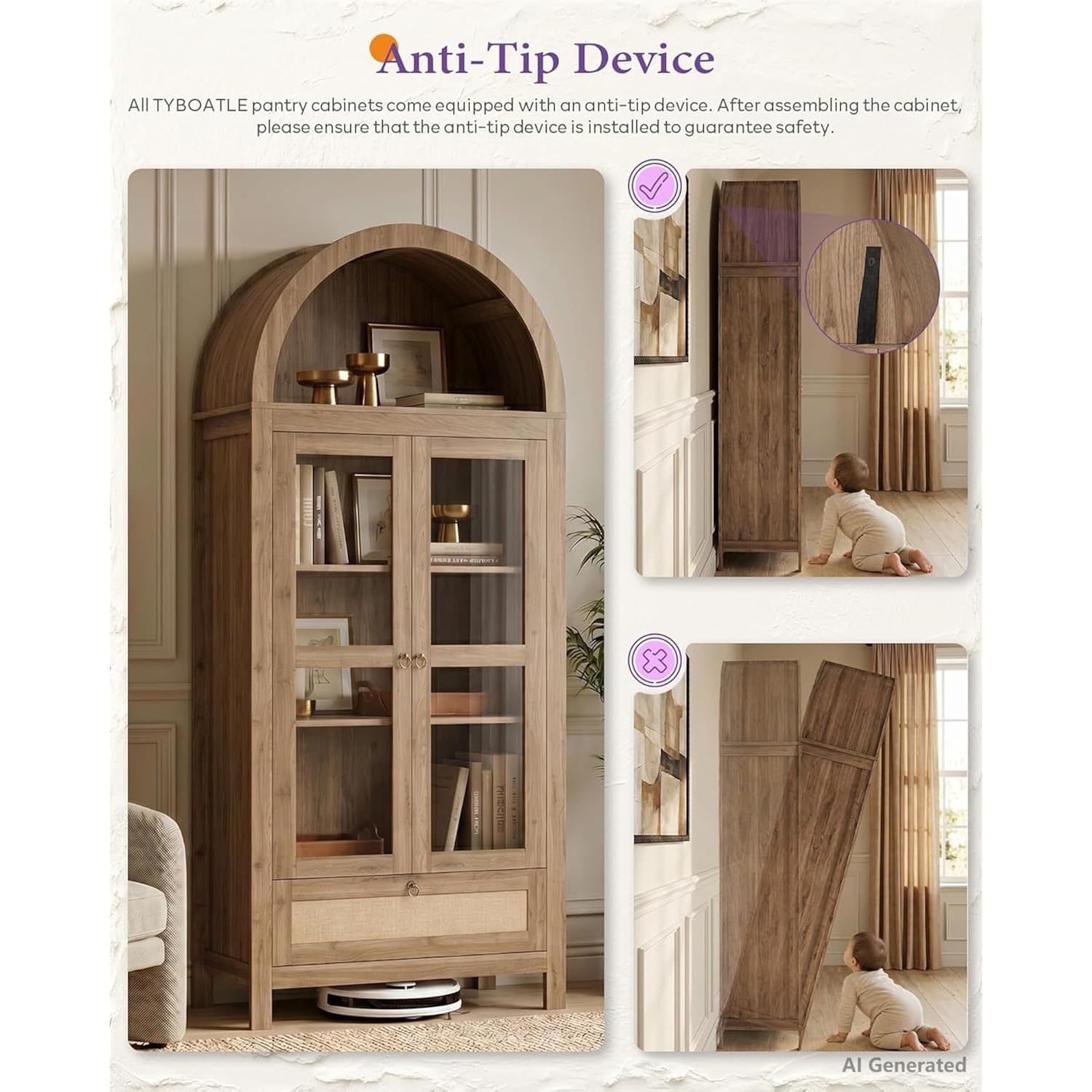 71" Tall Arched Pantry Cabinet With Innovative Drawer, Kitchen Cabinet With Anti-Tipping Device And Glass Door, Versatile Cupboard For Kitchen, Dining, Natrual