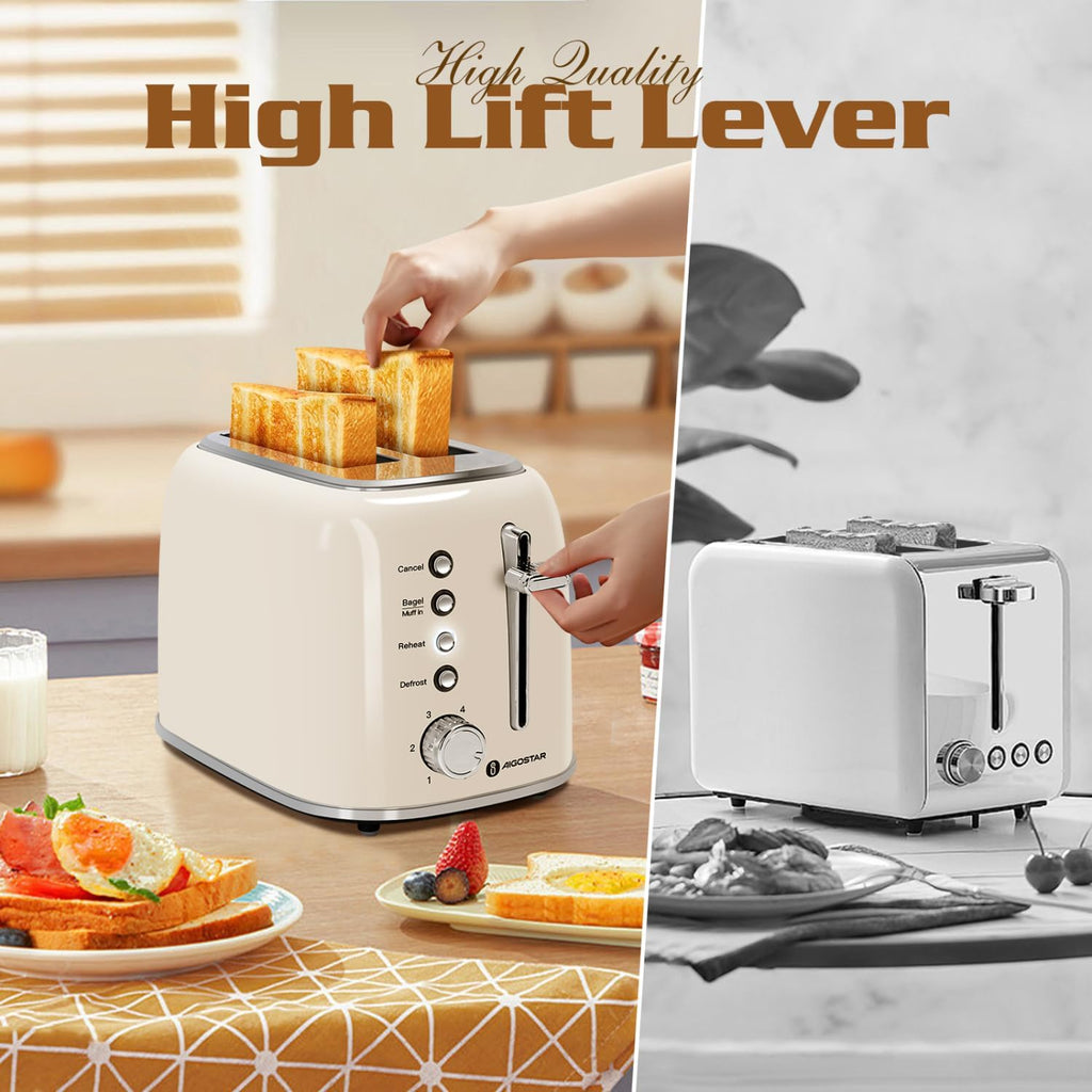 Aigostar Toaster 2 Slice, Retro Extra-Wide Slot Toasters Best Rated Prime For Toasting Bagels, Breads, Waffles & More, Cancel, Defrost & 6 Browning, Removable Crumb Tray, Stainless Steel, Cream White