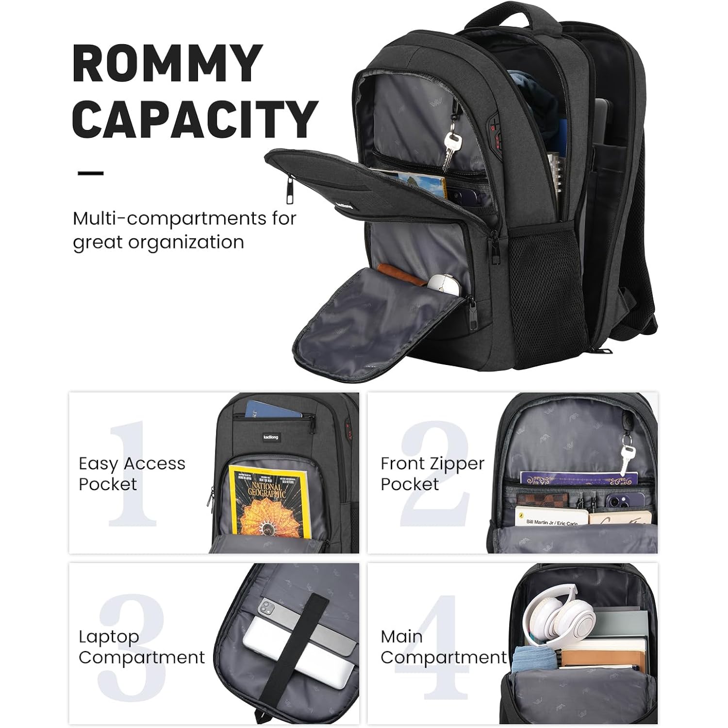Kadilong School Backpacks For Teen Boys Laptop Backpack Men,Bookbag College Computer Bag With Usb Charging Port For Work Business Middle High School Student,Black