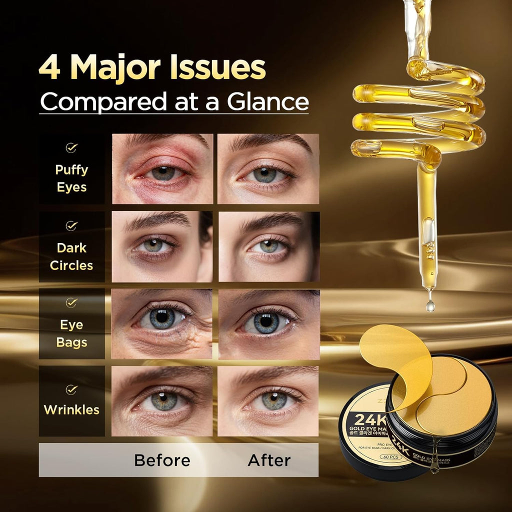 24K Gold Under Eye Patches - Firming, Glowing & Hydrating Hydrogel Mask For Puffy Eyes, Dark Circles, Wrinkles, Eye Bags Treatment, Gifts For Women And Men, 30 Pairs