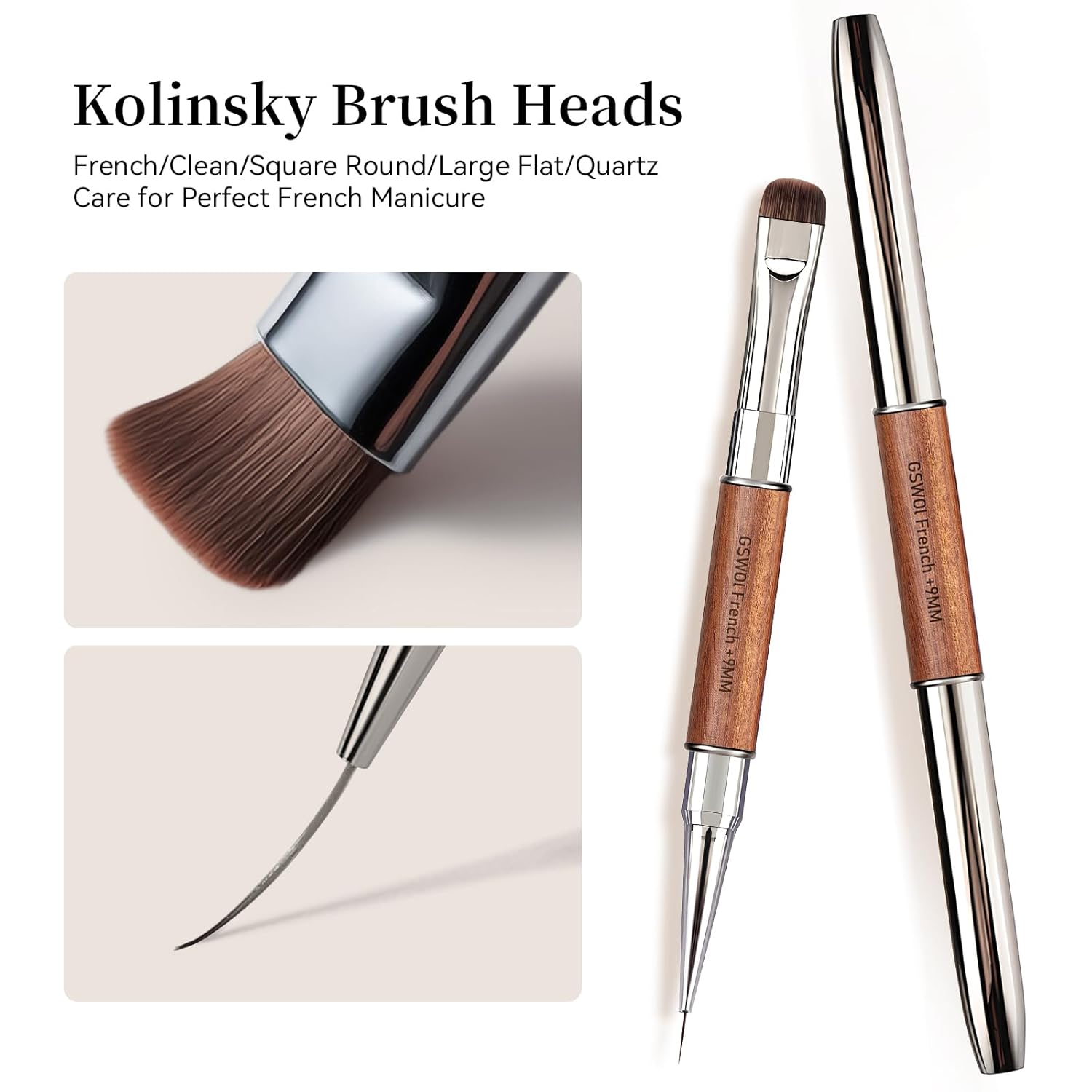 Dual Head Acrylic Nail Brush-French Tip & 9mm Liner with Cleaning Brush for Builder Gel,Polygel & Design-Wood Handle & Metal Caps