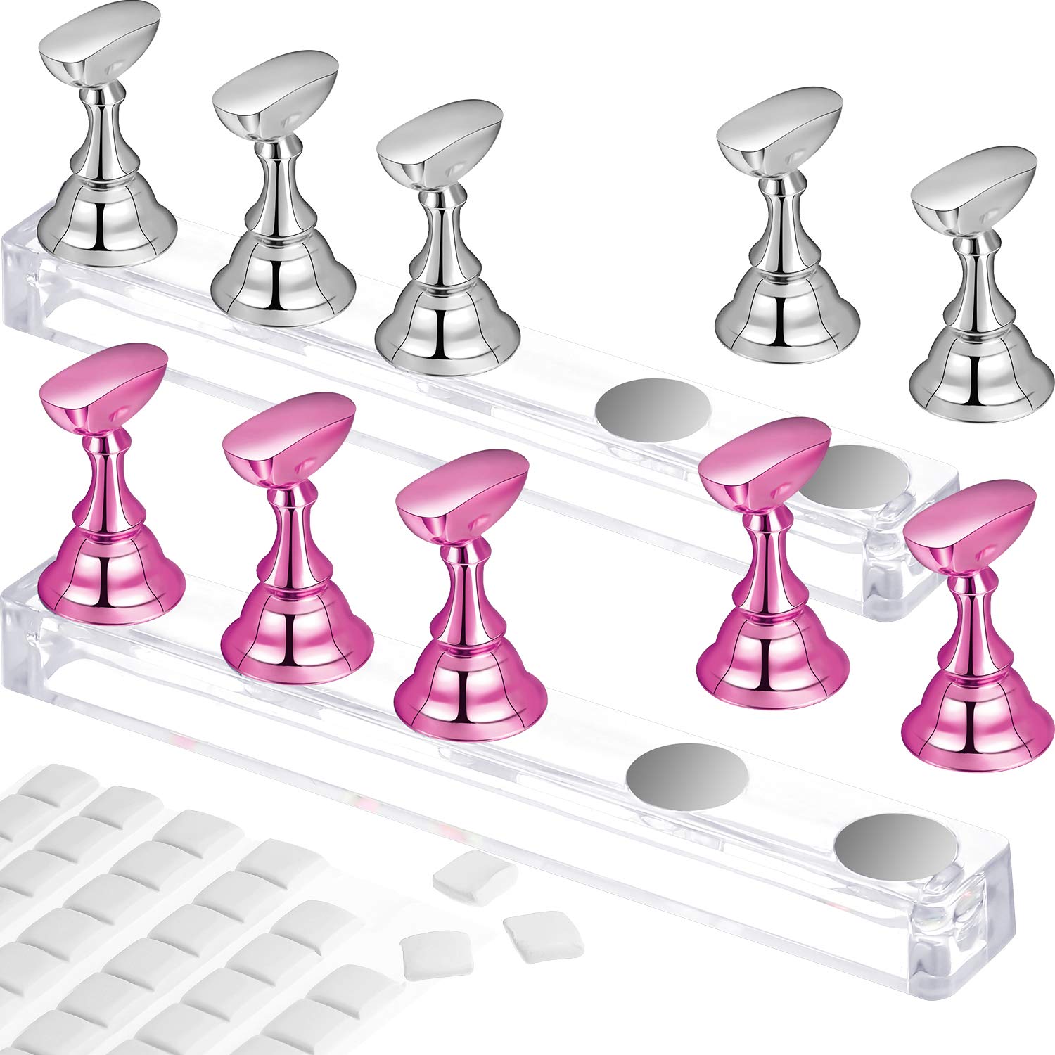2 Set Nail Stand for Painting Press Nail Holder Acrylic Magnetic Tips Training Fingernail Display Stands DIY Crystal Holders and 96 Pieces White Reusable Adhesive Putty(Metal Pink and Silver)