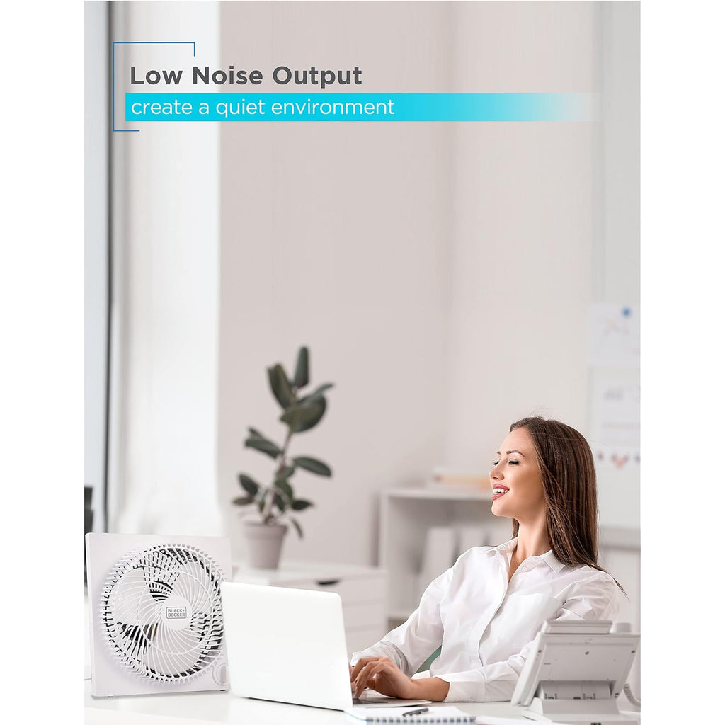 Black+Decker 9-Inch Frameless Box Fan, 3-Speed Settings, Bfb09W, White | Desk Fan With 3-Speed Settings, Quiet And Lightweight Portable For Home Office Or Garage, Self-Standing Frameless Design