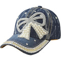 Women's Denim Baseball Cap with Pearl Rhinestone Trendy Y2k Visors UV Protection Sun Hat Outdoor 2026 Bow-dark Blue