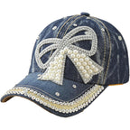 Women's Denim Baseball Cap with Pearl Rhinestone Trendy Y2k Visors UV Protection Sun Hat Outdoor 2026 Bow-dark Blue