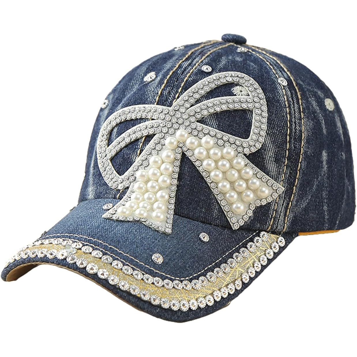 Women's Denim Baseball Cap with Pearl Rhinestone Trendy Y2k Visors UV Protection Sun Hat Outdoor 2026 Bow-dark Blue