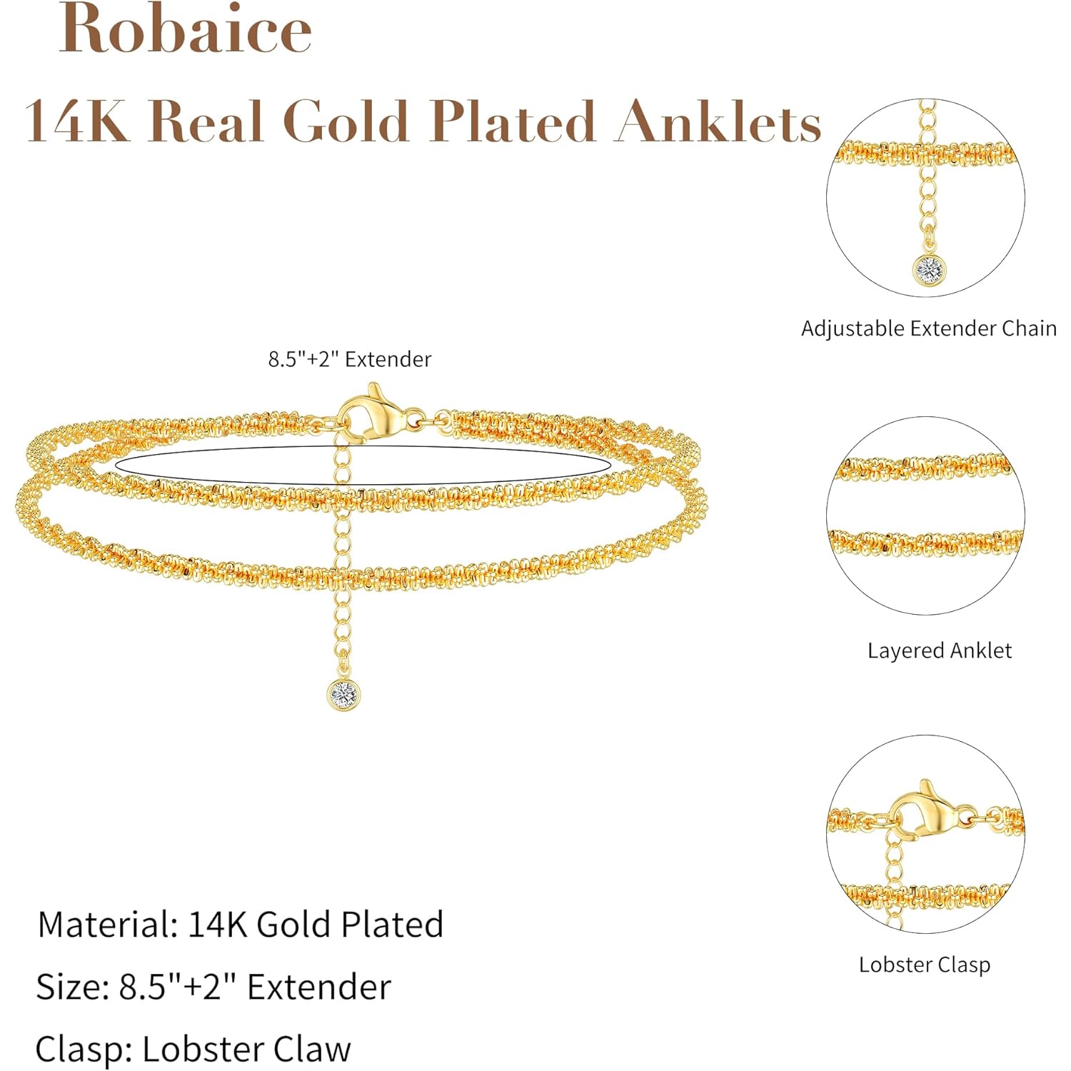 Robaice Ankle Bracelets for Women, Glitter Waterproof Adjustable Anklet for Women, 14K Gold Plated/Sterling Silver Layered Anklets, Summer Beach Anklet Jewelry for Women Gift