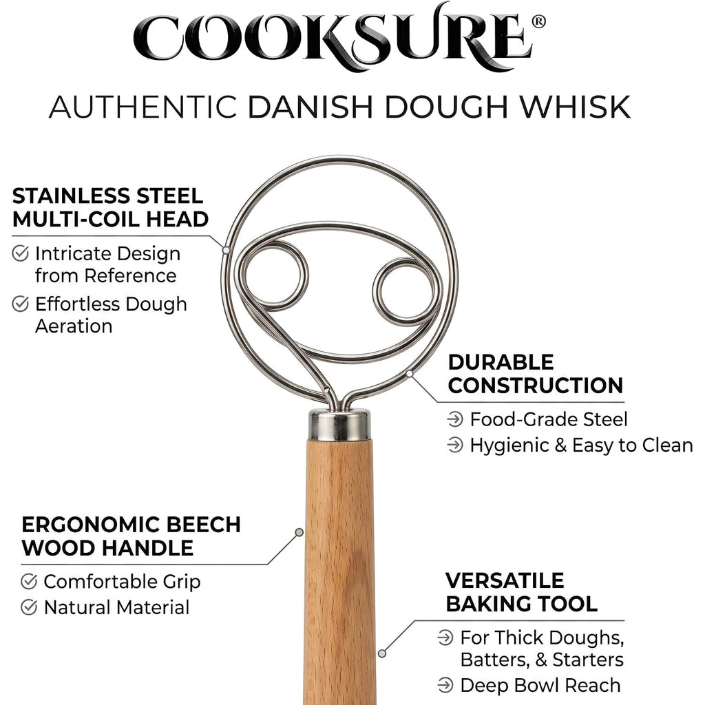 Danish Dough Whisk For Sourdough Bread – 13 Inch Bread Whisk With Wooden Handle – 304 Stainless Steel Hook For Heavy Dough Baking, Swedish Dough Whisk Tool