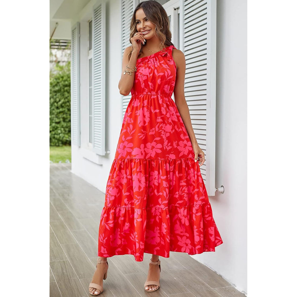 Prettygarden Women'S Summer Floral One Shoulder Maxi Dress Knot Ruffle Boho Beach Vacation Wedding Guest Long Sun Dresses