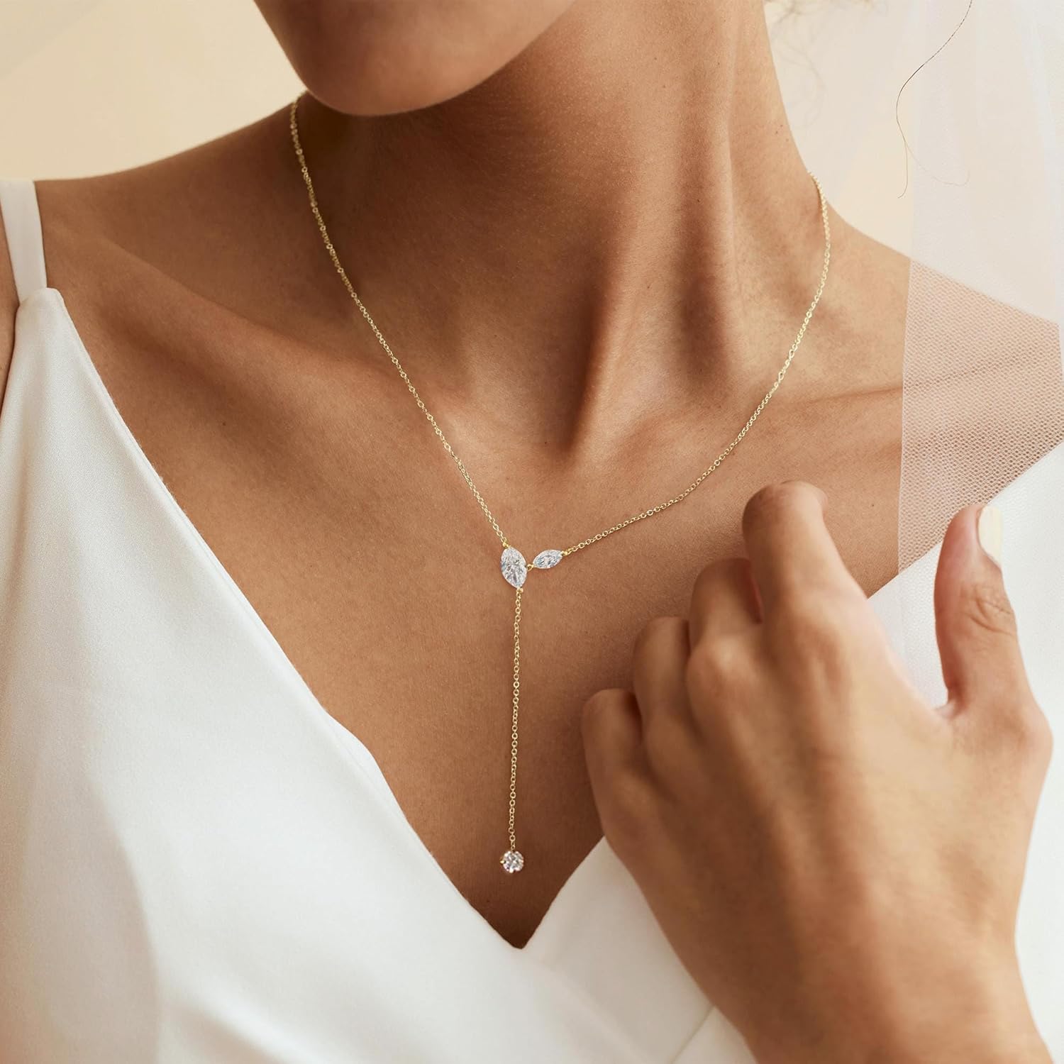 Gold Necklace for Women - Dainty Long Lariat Necklace 14K Gold Plated Clover Star Teardrop CZ Y Shaped Drop Necklaces Cute Long Necklaces for Women Trendy Prom Formal Womens Jewelry
