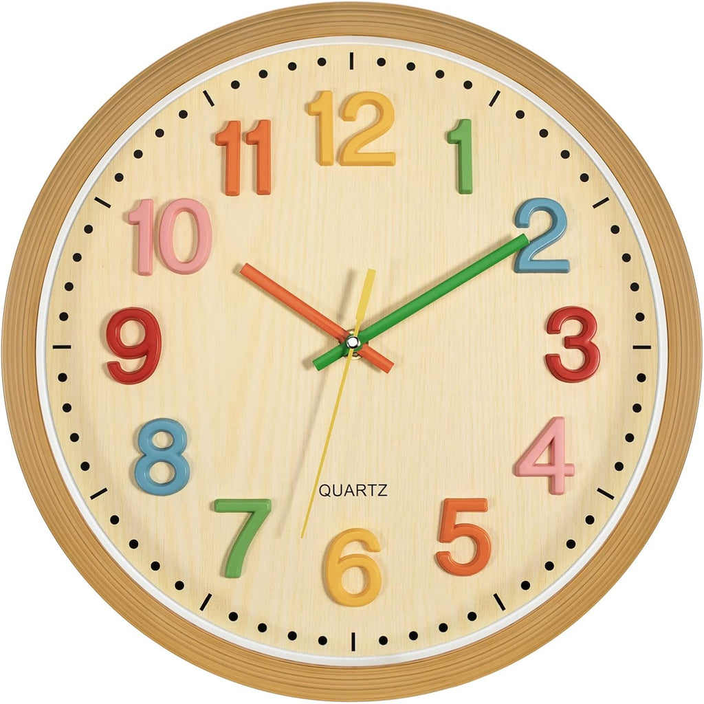 Foxtop Silent Kids Wall Clock Non-Ticking Battery Operated Colorful Childrens Clock For Classroom Playroom Nursery Bedrooms Kids Room (3D Numbers, 12 Inch)