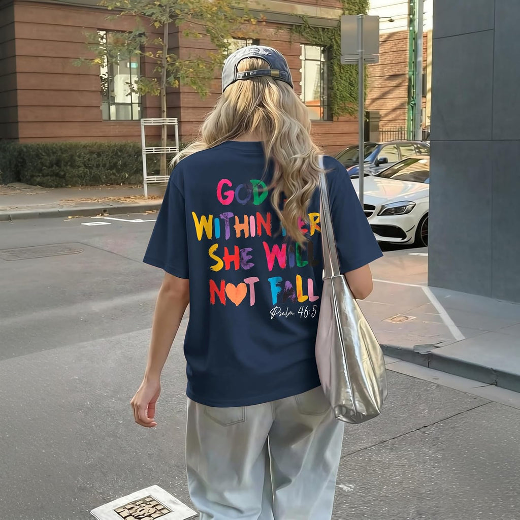 Jinluth Oversized Christian Shirts for Women Jesus Faith Shirt Bible Verse T Shirt God is Within Her Tees Inspirational Tops Navy Blue