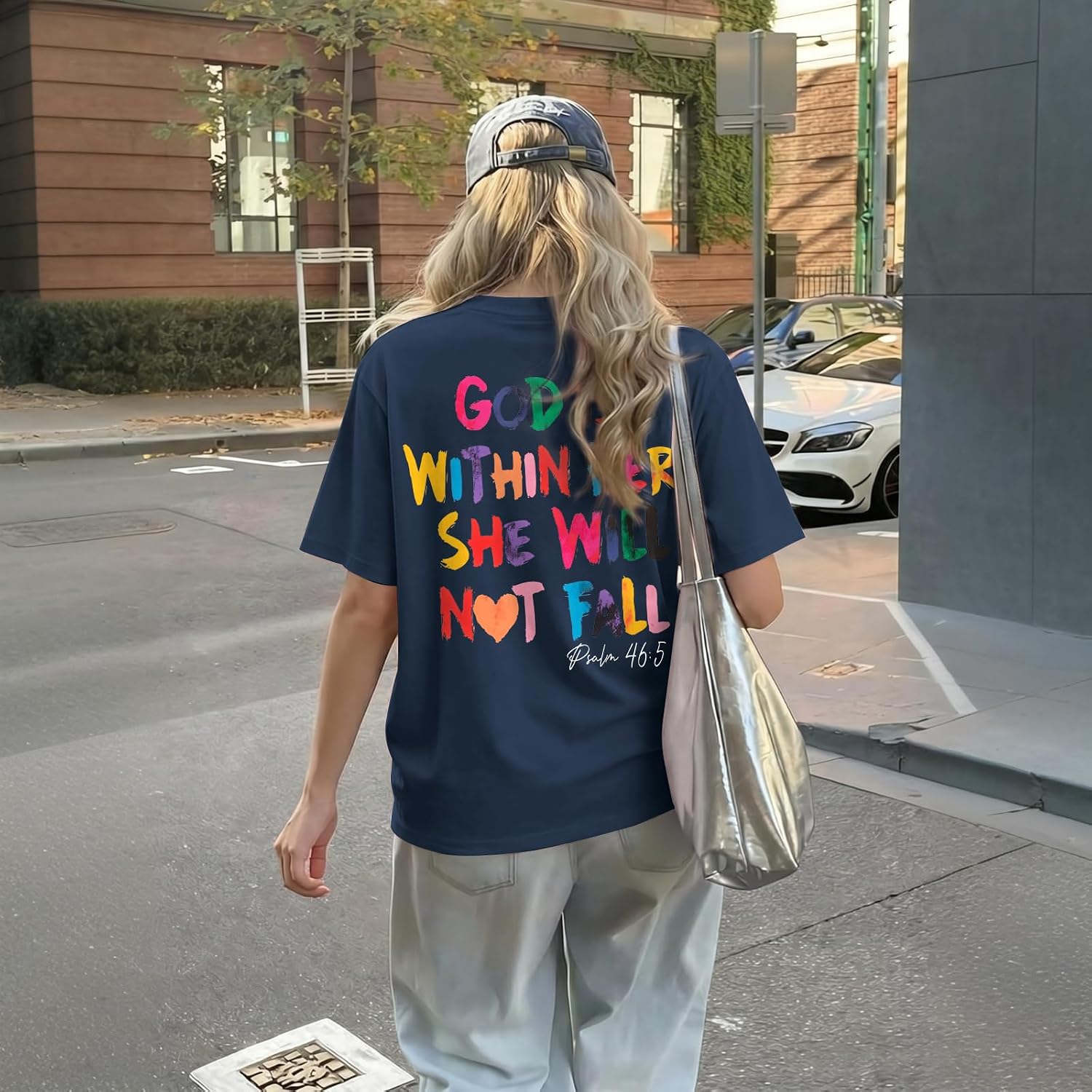 Jinluth Oversized Christian Shirts for Women Jesus Faith Shirt Bible Verse T Shirt God is Within Her Tees Inspirational Tops Navy Blue