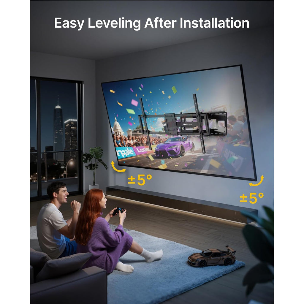 Montek Heavy Duty Xxl Full Motion Tv Wall Mount For 60-120 Inch Extra Large Tvs, Holds 265 Lbs, Max Vesa 900X600, 27.7" Extension, Swivel & Tilt, Preassembled, Fits 12–24" Studs, Led/Lcd/Oled 4K/8K