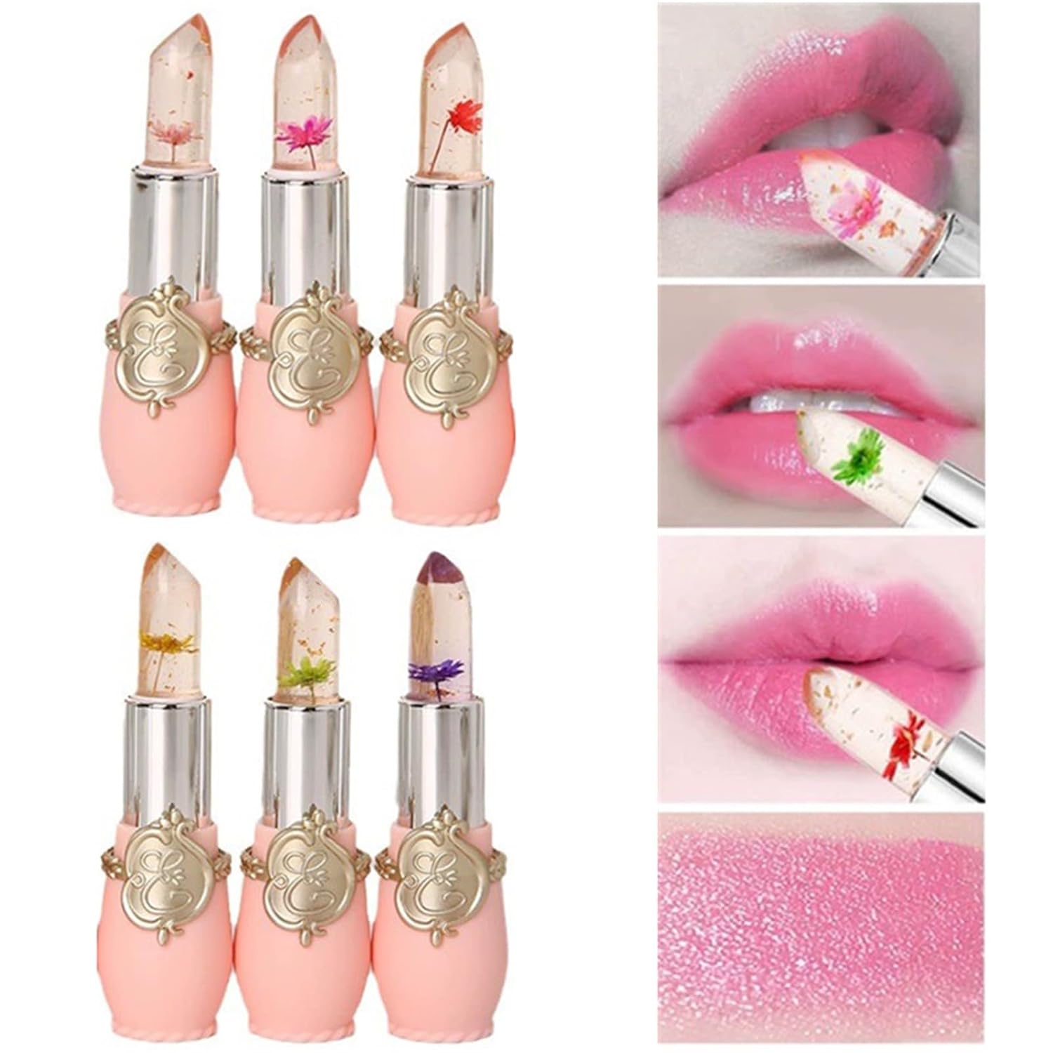 6 Pcs Crystal Flower Jelly Lipstick Set, Temperature Change Moisturizer Long Lasting Flower Lip Stick Nutritious Lip Balm Magic Color Change Lip Gloss Makeup