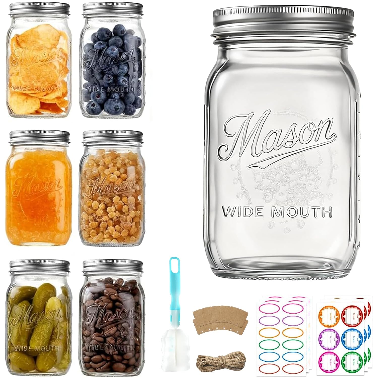 Mason Jars 32 Oz,6 Pack Large Wide Mouth Mason Jar With Airtight Lids And Bands|Quart Glass Canning Jars For Pickling, Fermenting And Food Storage Microwave&Dishwasher Safe