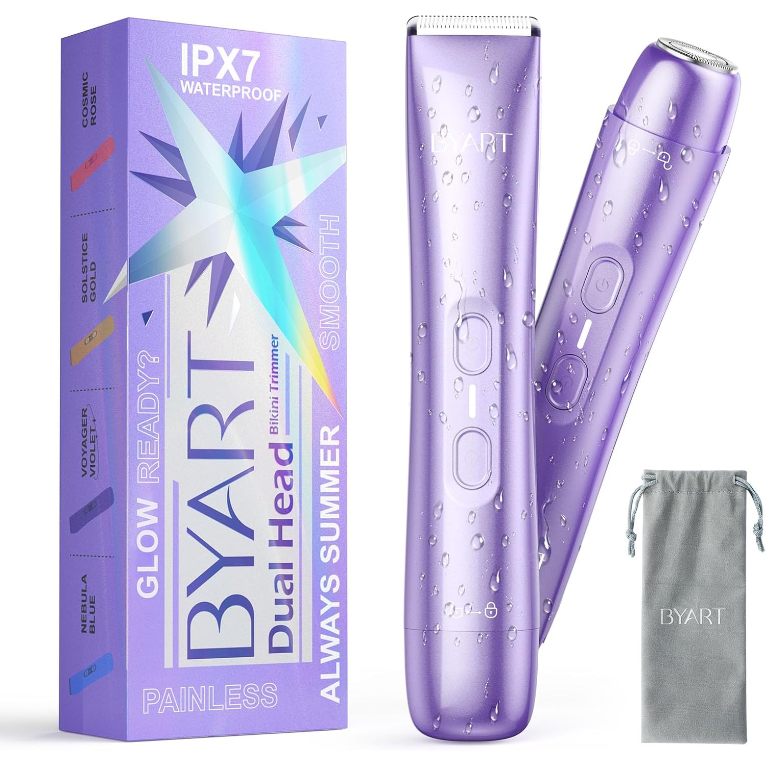 BYART Bikini Trimmer for Women Dual Head – IPX7 Waterproof & Painless Electric Razors for Pubic Hair, Face, Legs, Underarms – Portable Cordless Shaver with Fast Charging, Self Care Gifts for Women