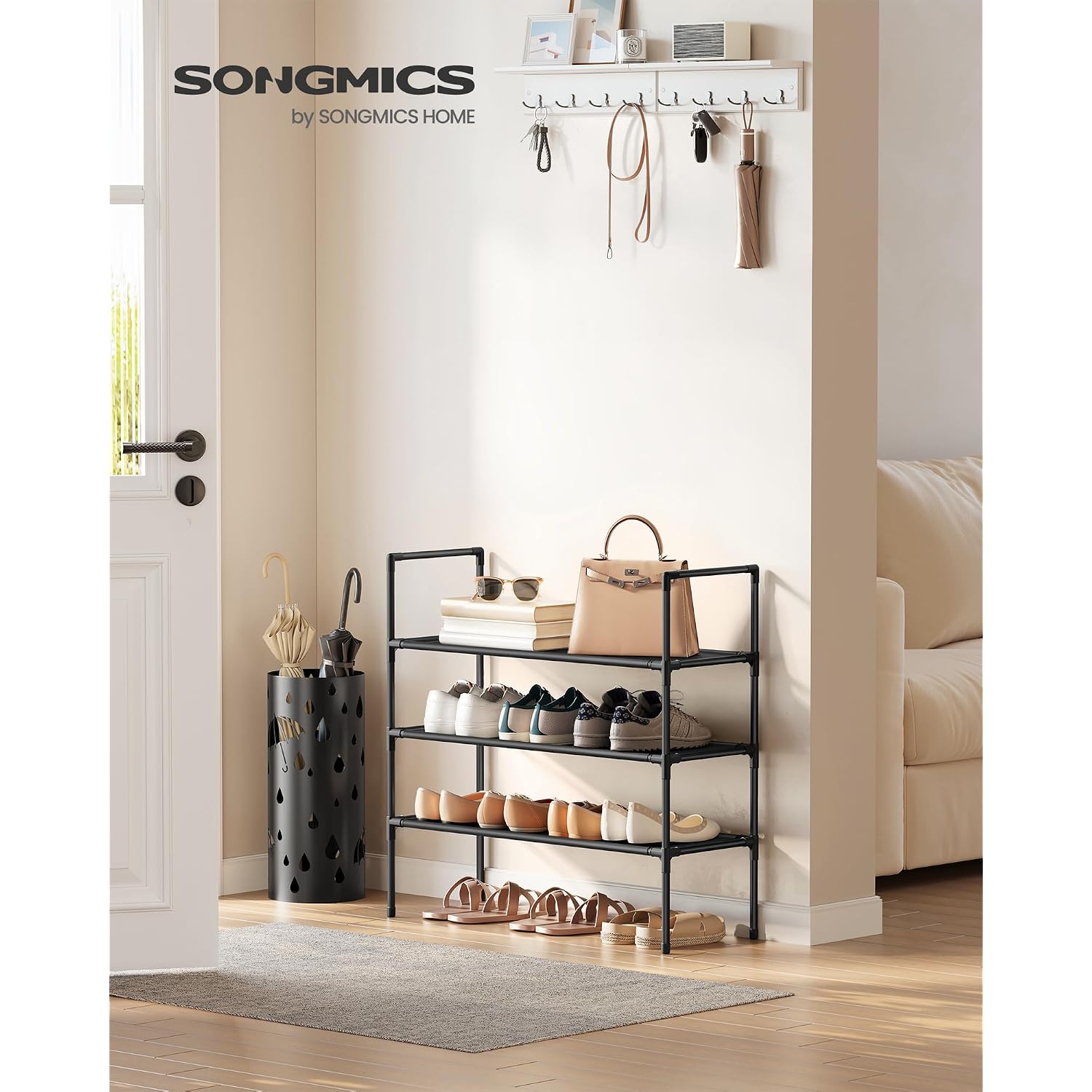 Songmics 3-Tier Shoe Rack, Shoe Storage For Hallway Closet, Slim And Space-Saving, Metal Frame, Non-Woven Fabric Shelves, Black Ulsh043Bh01
