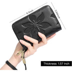 GOIACII Women's Wallet Double Zip Around Credit Card Holder Ladies Wallet Rfid Blocking Wristlet Purse Medium Size Leather Black
