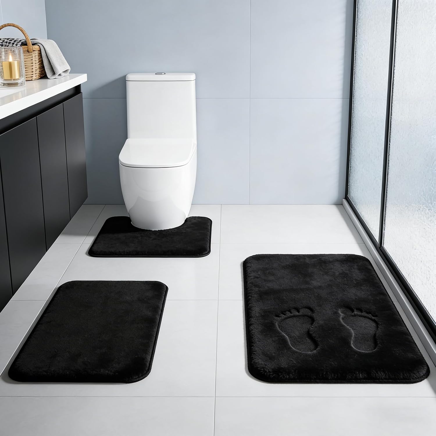 Black Bathroom Rug Set Memory Foam Bath Mats 3 Piece With Toilet Mats, Soft & Supportive, Shock Absorbing, Water Absorbent, Non-Slip Bath Rugs, Machine Washable, Area Rug, Home Decor Accessories