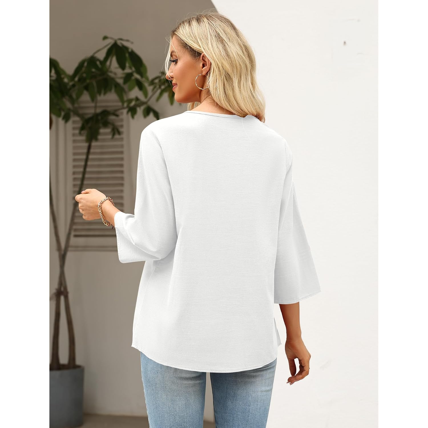 Rapbin Womens 3/4 Sleeve Tops Cotton Linen Shirts V Neck Criss Cross Tees Loose Fit Blouses Summer Fashion