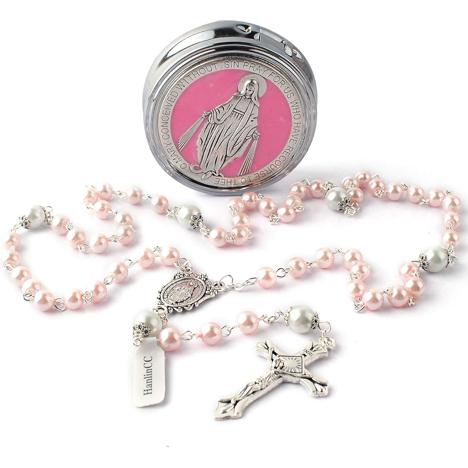 HanlinCC 6mm Glass Pearl Beads with 8mm Our Father Beads with Caps Rosary Pack in Miraculous Metal Gift Box