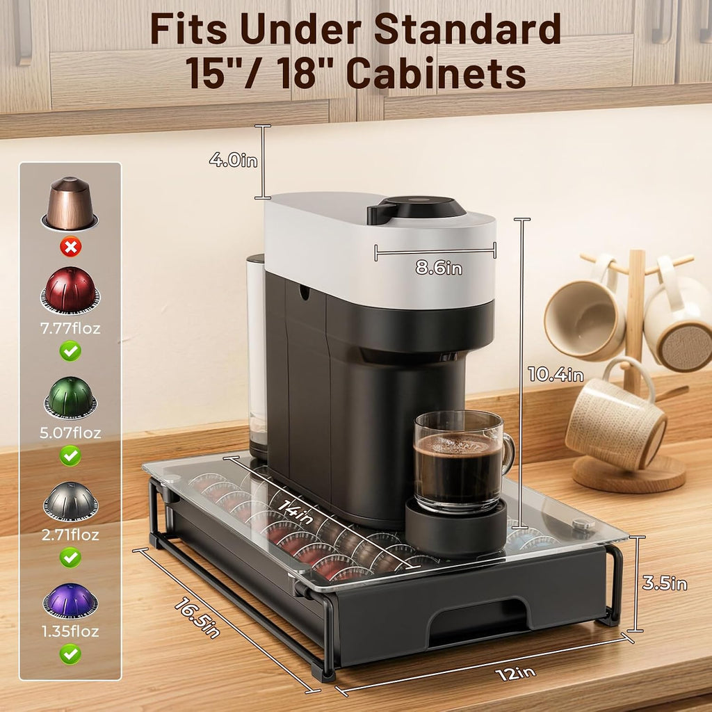 Everie Nespresso Vertuo Pod Holder Drawer, Coffee Pod Organizer With Universal Slots, Holds 40 Large Or 52 Small Capsules, Tempered Glass Top Storage Drawer For Coffee Makers, 12" X 16.5" X 3.5"