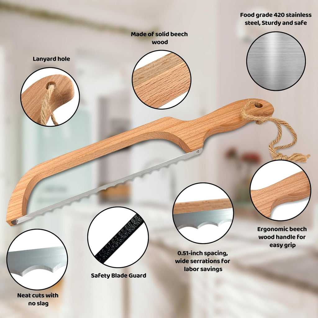 ROYOROYI Bread Slicer for Homemade Bread,16" Wooden Sourdough Bread knife with Bow Design,Premium Stainless Steel Serrated Saw Bread cutter for Bagels, Baguettes and More