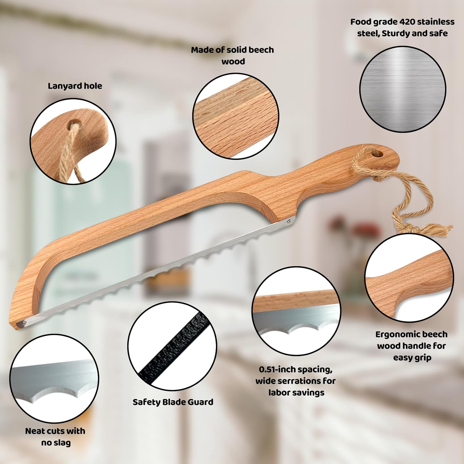 ROYOROYI Bread Slicer for Homemade Bread,16" Wooden Sourdough Bread knife with Bow Design,Premium Stainless Steel Serrated Saw Bread cutter for Bagels, Baguettes and More