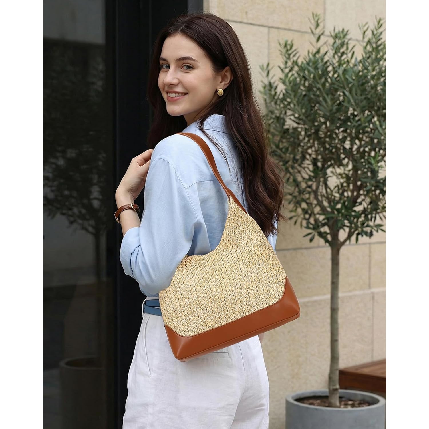Herald Small Summer Straw Woven Hobo Shoulder Tote Bag For Women | Slouchy Vacation Beach Raffia Shoulder Handbag Tote Purse