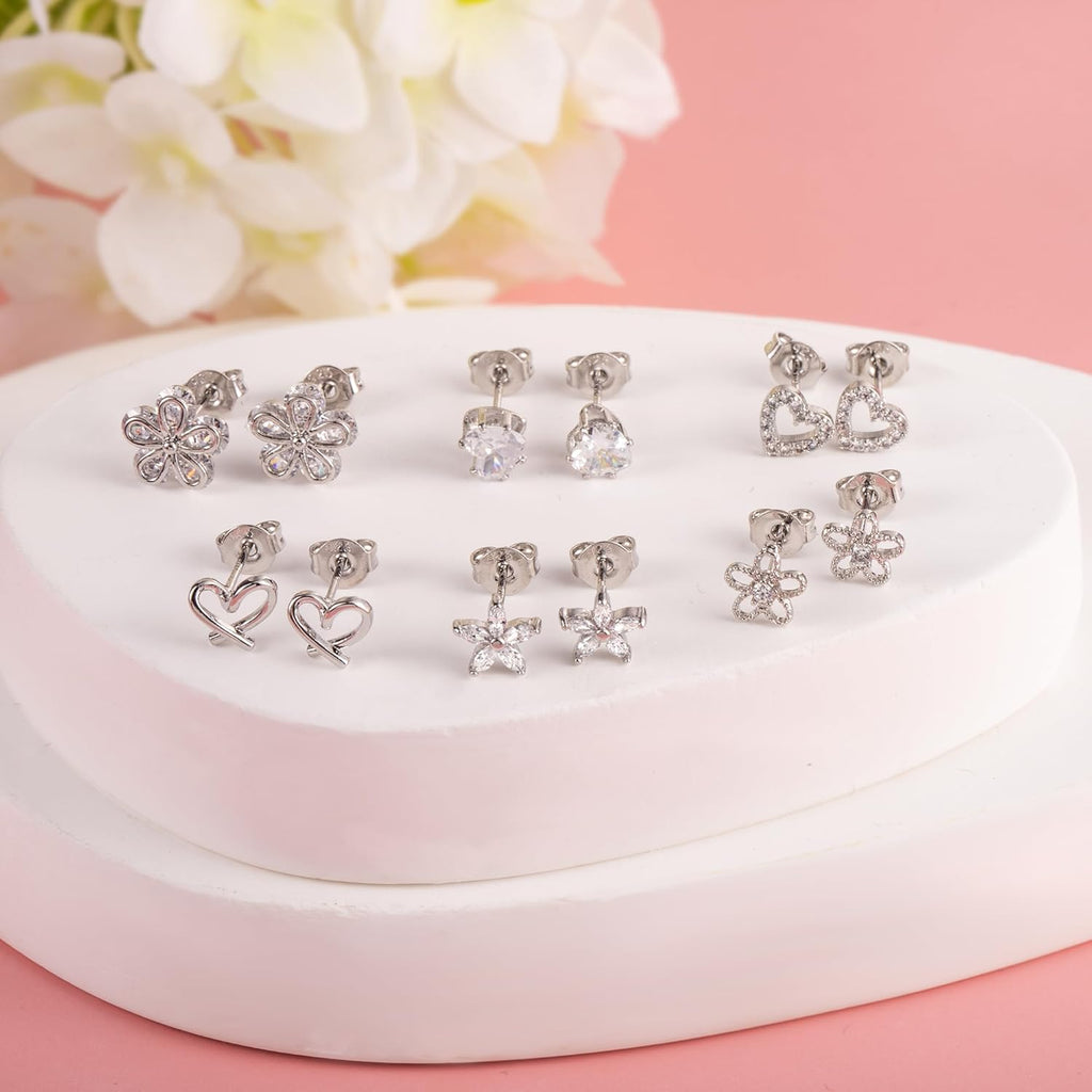 ALEXCRAFT Small Gold Stud Earrings - 6 Pairs Cute Heart Studs for Women - Cubic Zirconia - Hypoallergenic - Pack
