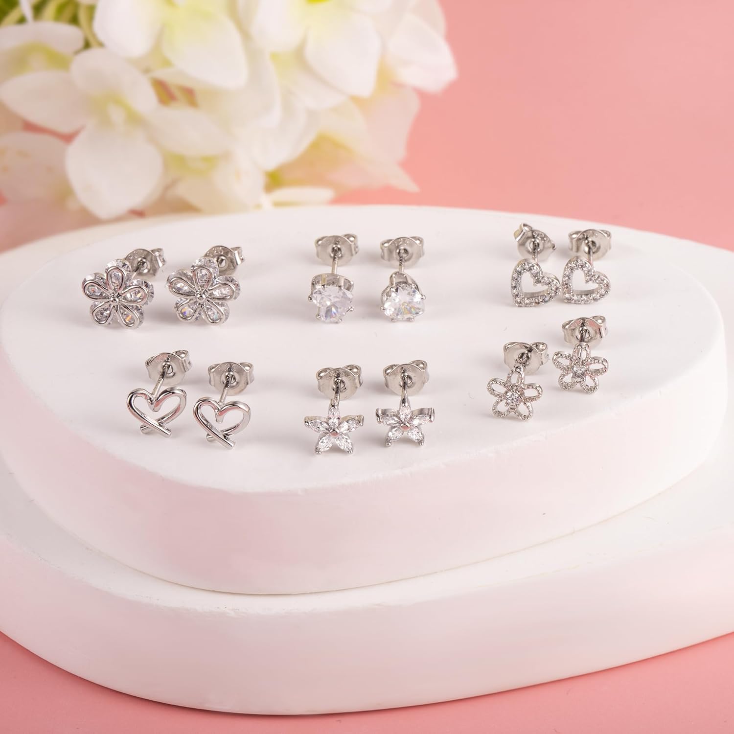ALEXCRAFT Small Gold Stud Earrings - 6 Pairs Cute Heart Studs for Women - Cubic Zirconia - Hypoallergenic - Pack