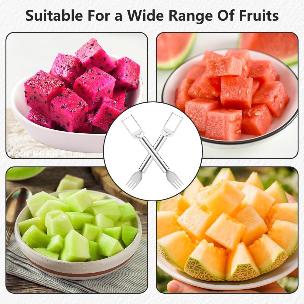 2-In-1 Stainless Steel Fruit Cutter, Watermelon Fork Slicer Tool, Watermelon Slicer And Fork, Dual Head Knife With Round Handle For Kitchen Fruit Cubes (1 Piece)