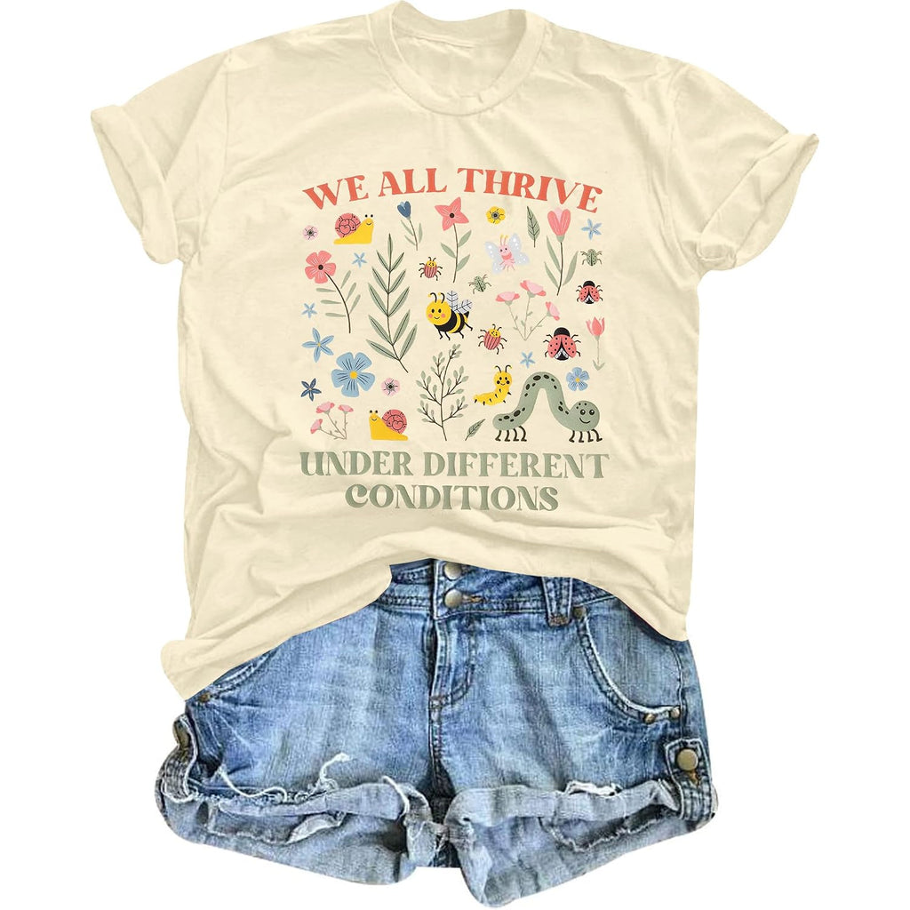 Women's Special Education Teacher Shirt Floral Mental Health Shirt Neurodiversity Tshirt Graphic Short Sleeve Top We All Thrive