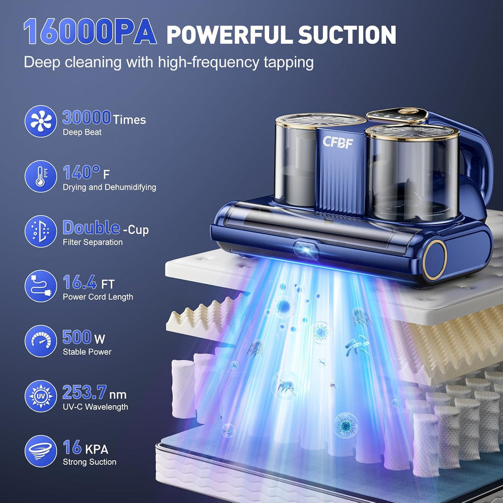 Cfbf Mattress Bed Vacuum Cleaner With 16Kpa Suction & 253.7Nm Uv-C Light