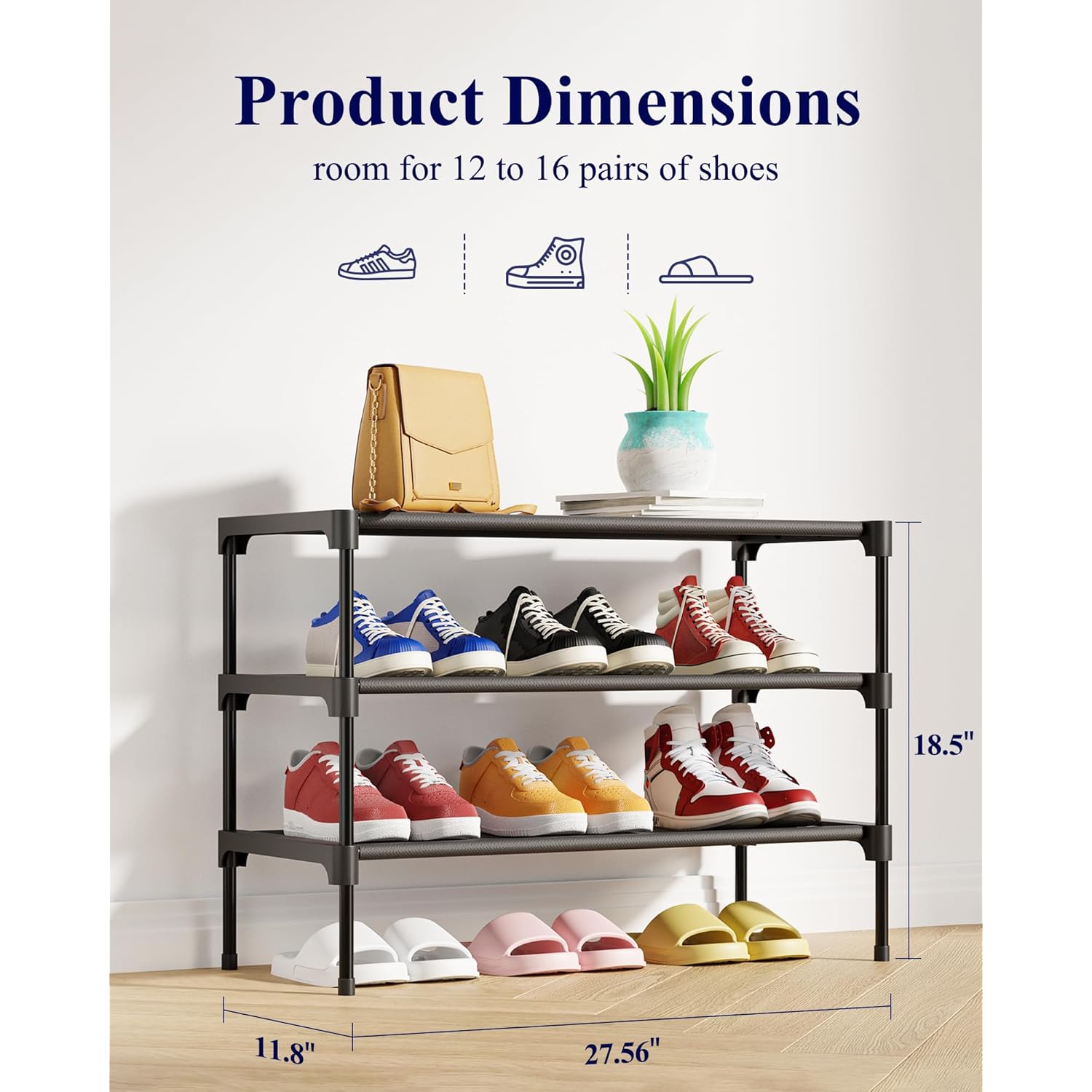 Kitsure Shoe Rack - Non-Woven Shoe Rack Shelf, Shoe Organizer for Closet, Entryway, Garage & Corridor, Stackable Shoe Shelves, 27.5" Wide - 3 Tier, Black