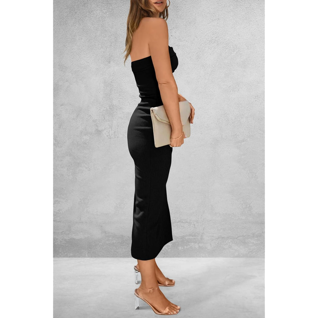 Prettygarden Women'S Summer Bodycon Maxi Tube Dress Ribbed Strapless Side Slit Long Going Out Casual Elegant Party Dresses