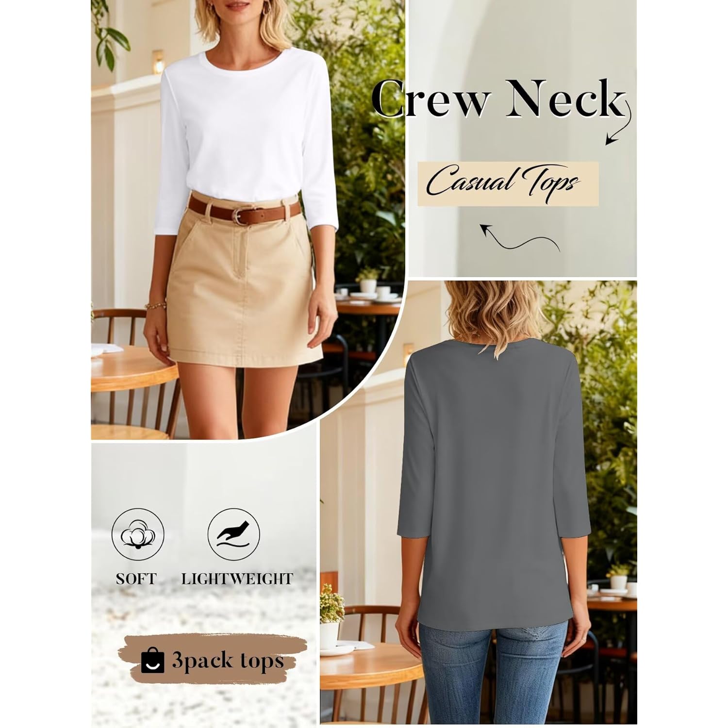 3 Pack 3/4 Sleeve Tops for Women Crewneck Basics Casual Work Tees Spring Summer Trendy T Shirts 2026 Clothes Blouses