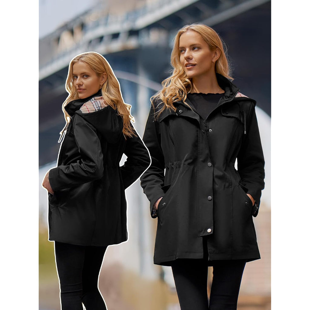 Saphirose Women'S Long Hooded Rain Jacket Outdoor Raincoat Windbreaker