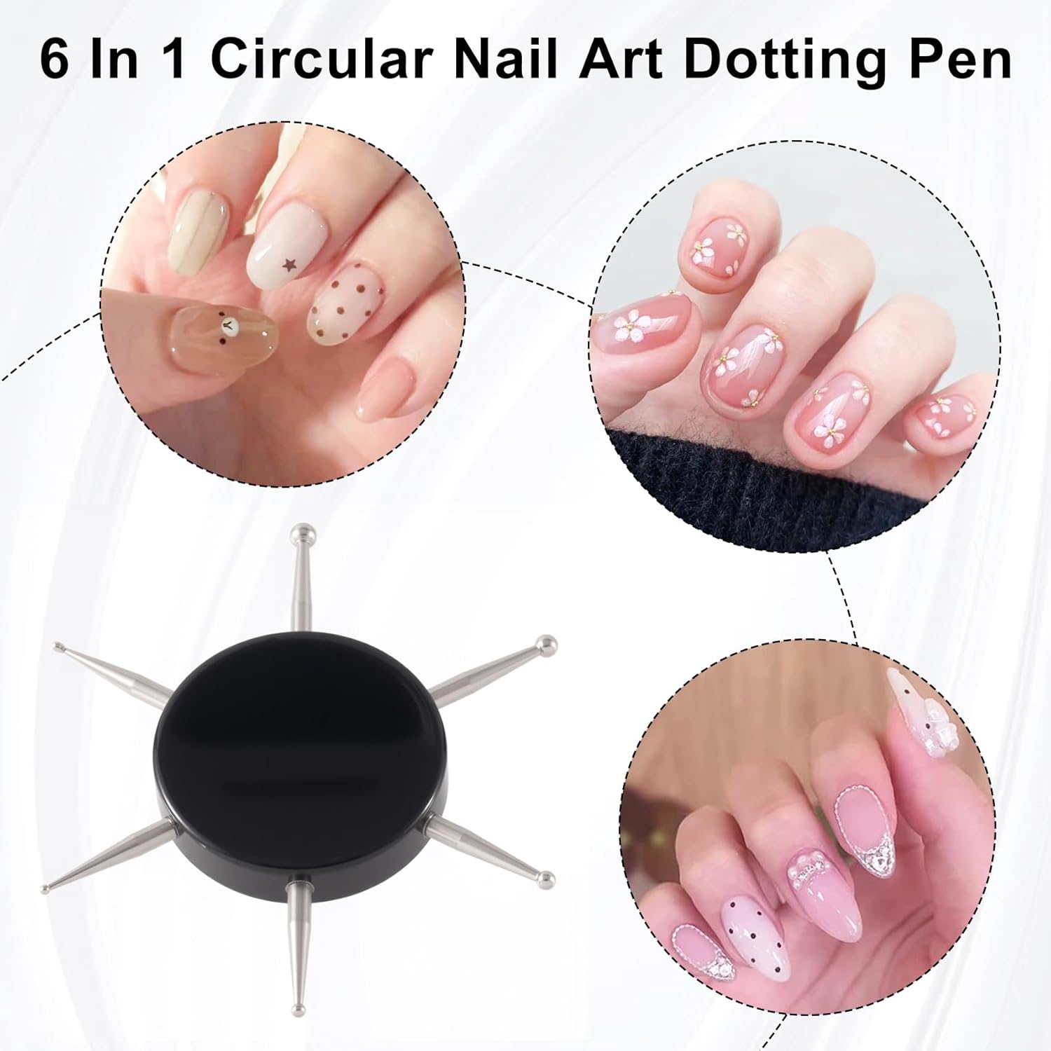 Nail Dotting Tool, 6-in-1 Metal Dotting Tool Nail Art, Circular Nail Design Dotting Pen, Ergonomic Dotting Disc for Manicure Embossing, Tracing, Painting - Black, 1pcs