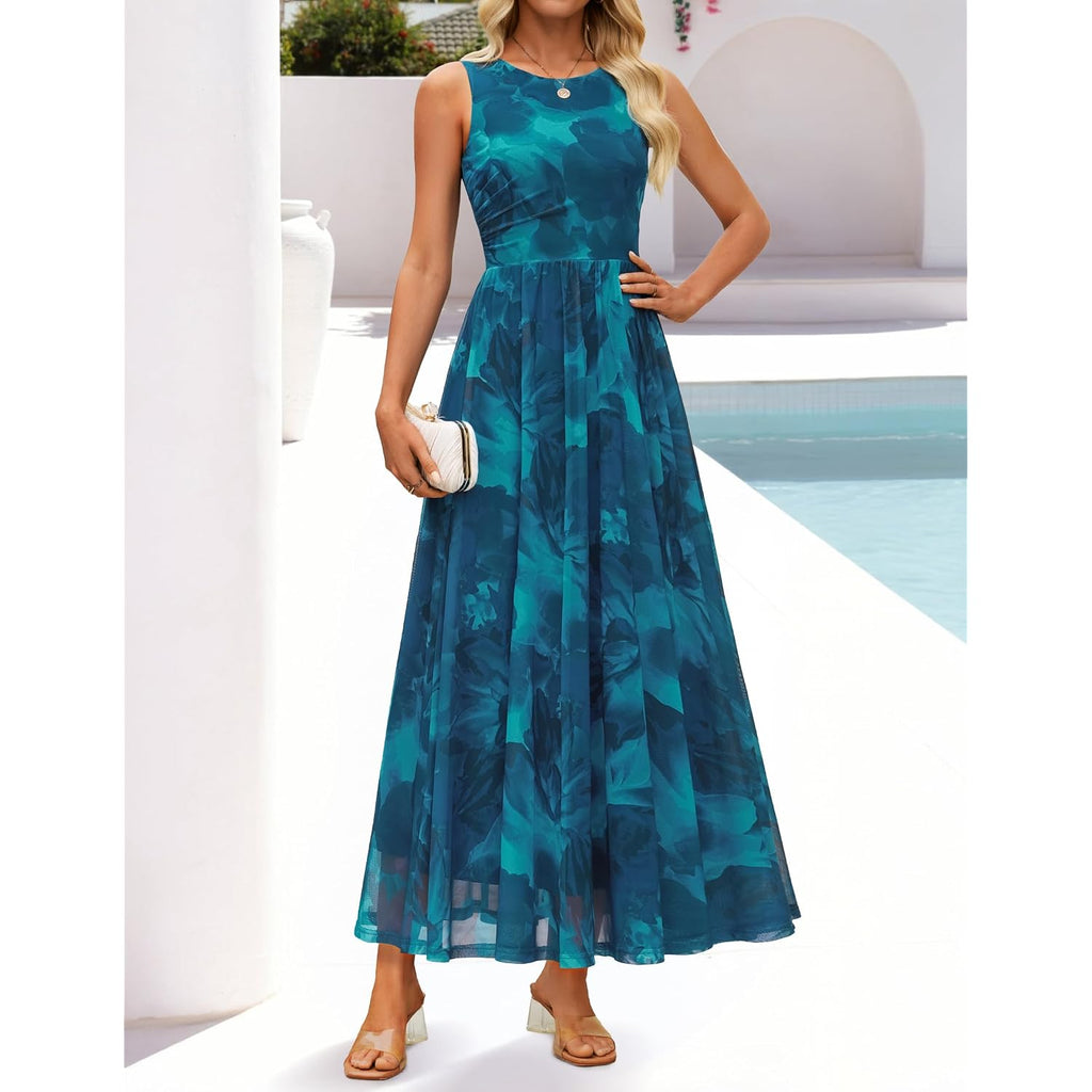 Zesica Women'S Summer Sleeveless Floral Maxi Dress 2026 Casual Crewneck Mesh A Line Flowy Boho Beach Party Long Dresses