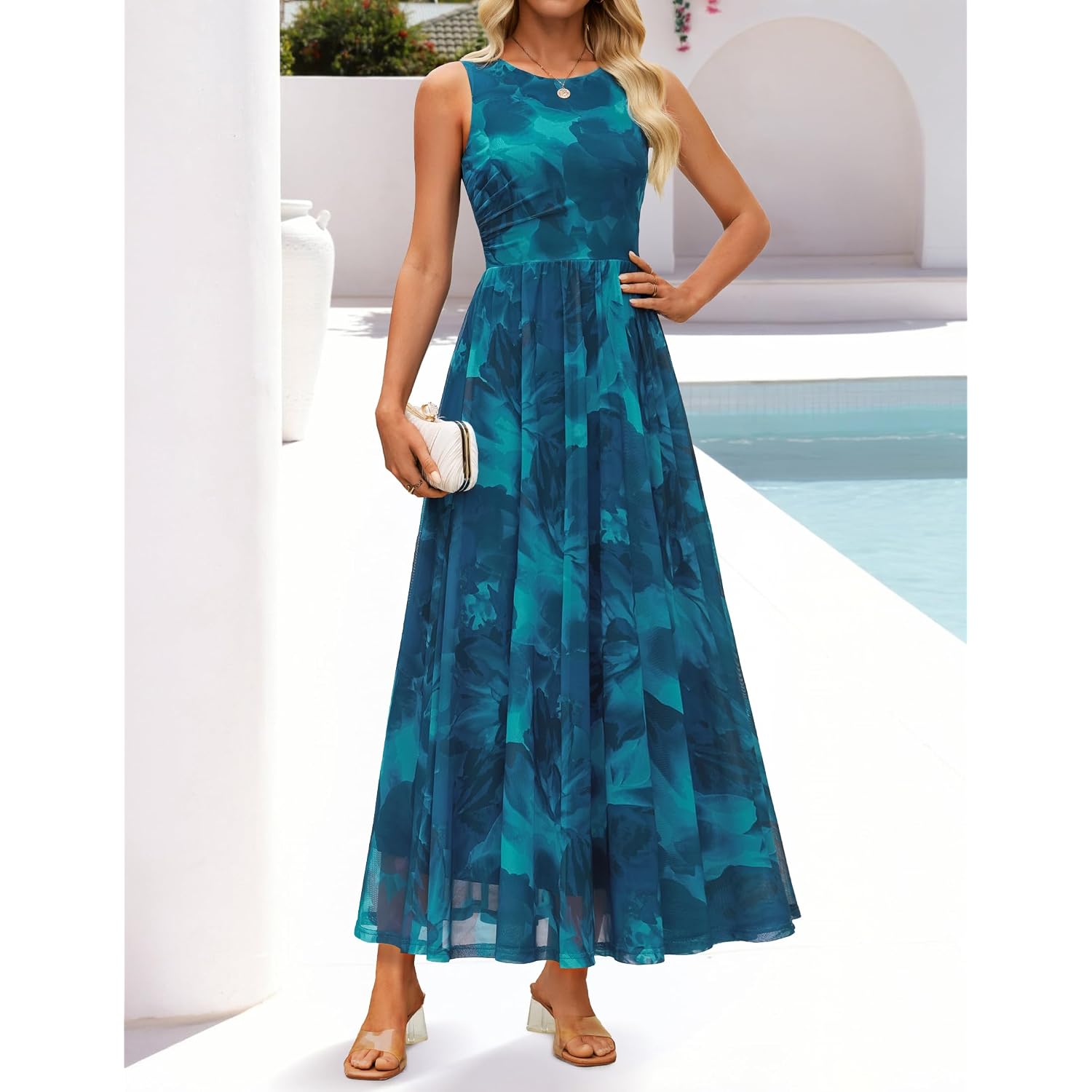 Zesica Women'S Summer Sleeveless Floral Maxi Dress 2026 Casual Crewneck Mesh A Line Flowy Boho Beach Party Long Dresses
